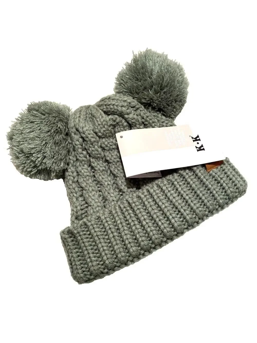 Kids Winter Hat Grey w Pom Pom Ears Cute Thick Warm Knitted Winter Beanie NEW
